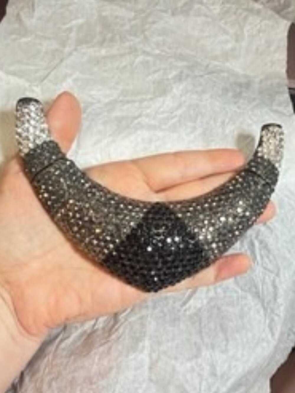 Statement Rhinestone Horn Necklace Centerpiece Black Gray Articulated Crescent B - Picture 10 of 10